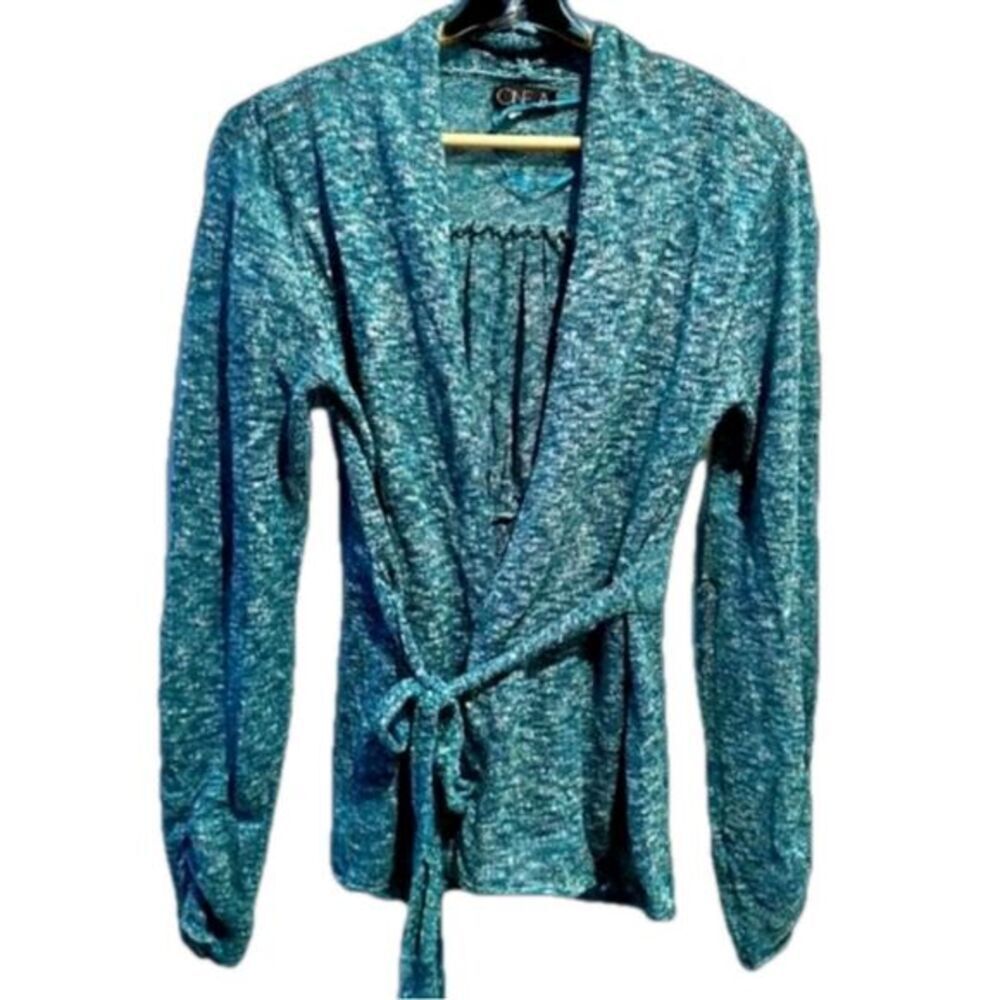 Vintage One A aqua cardigan medium hip length front tie Y2K grannycore boho 90s